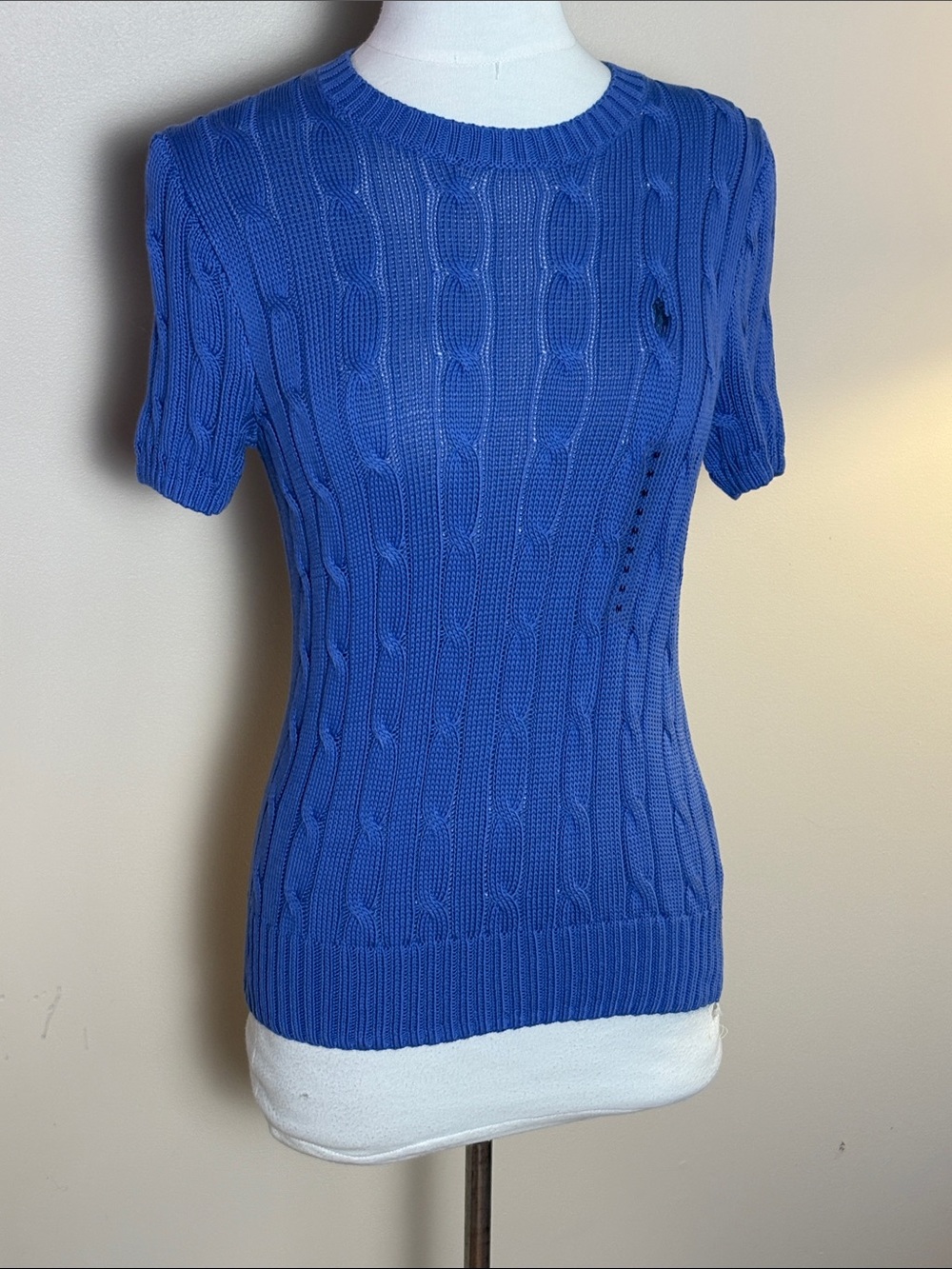 Ralph Lauren Royal Blue Short-Sleeve Cable Knit Crew Sweater